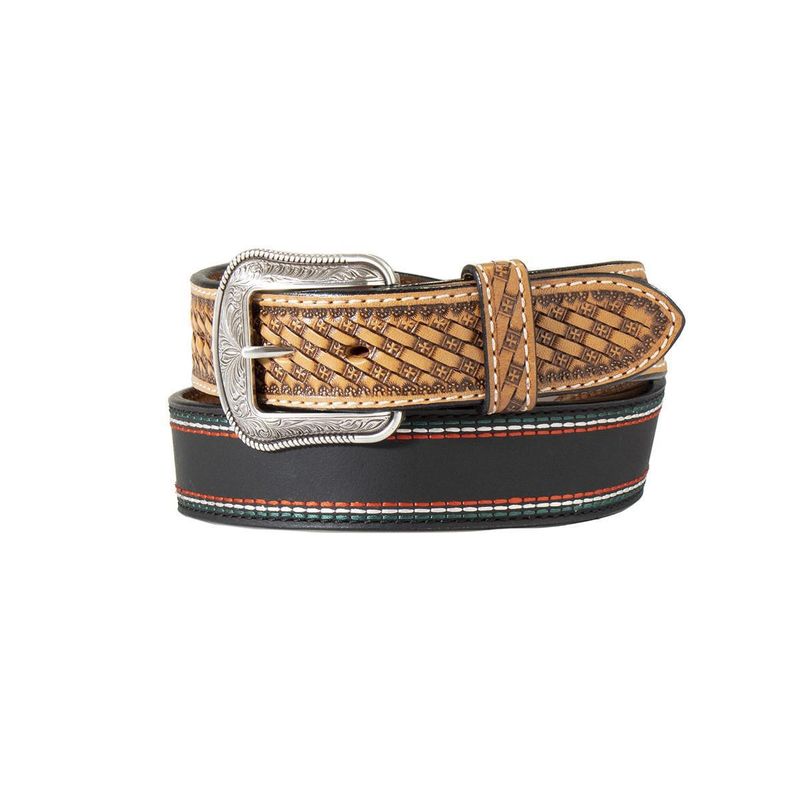 Mens Belt 1 1/2&quot; Mexico Flag Hand Tooled Black