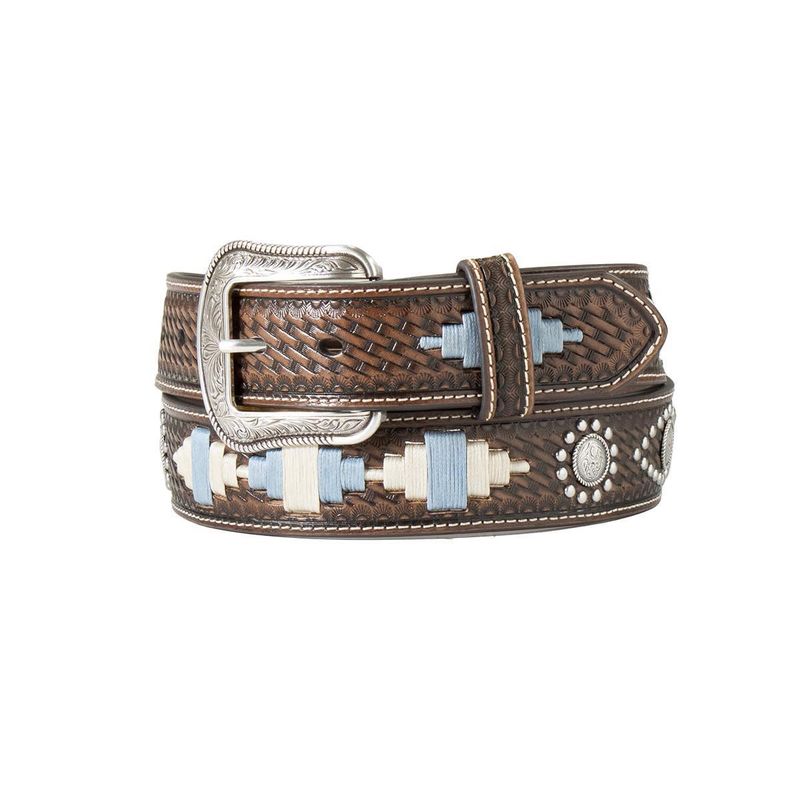 Mens Belt 1 1/2&quot; Basketweave Sunburst Embroidered Brown
