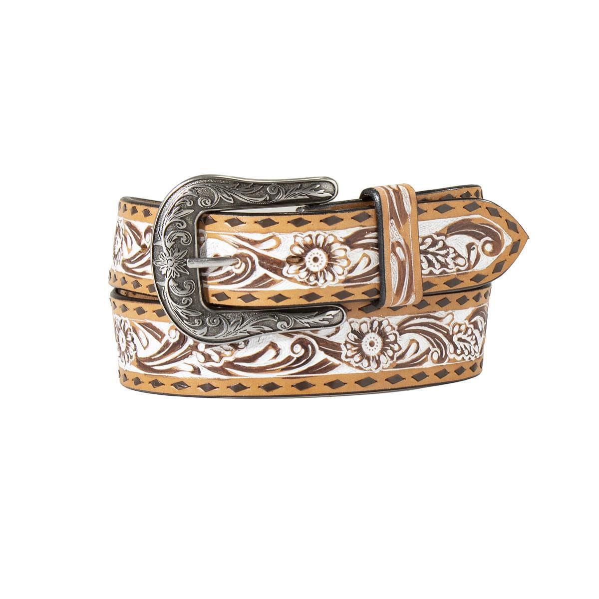 Hand Tooled Floral White Stain Tan