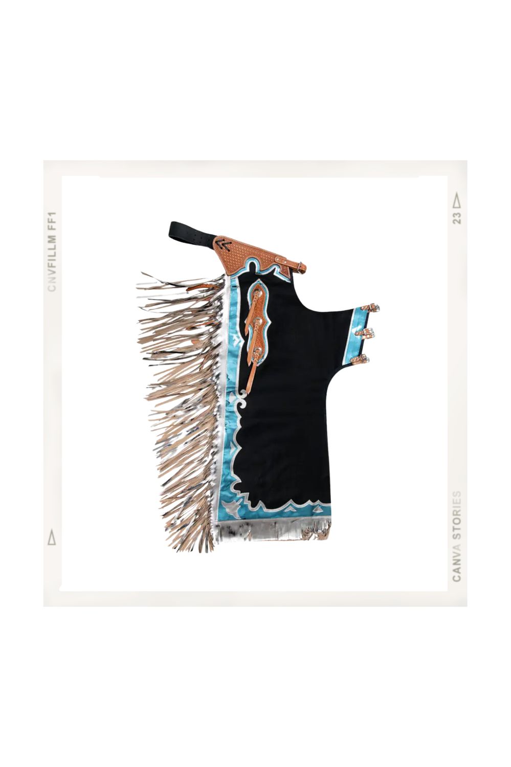 Bull Riding Pro Rodeo Chaps Smooth Leather Chaps, Color/Print: Black/Turquoise/Silver