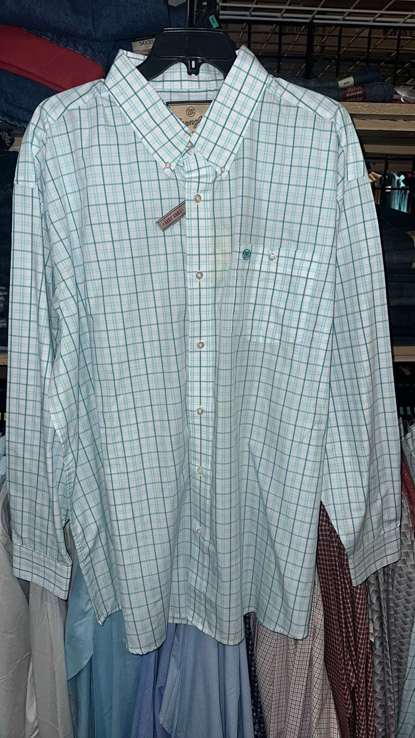 Wrangler Classic Long Sleeve Button Up Shirt, Color/Print: Teal/White, Size: Large