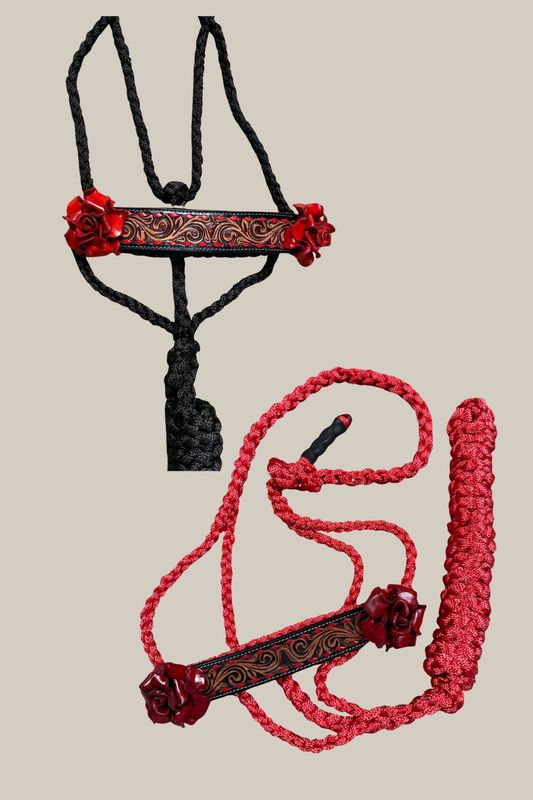 Mule Tape Halter Leather Noseband &amp; Large Roses
