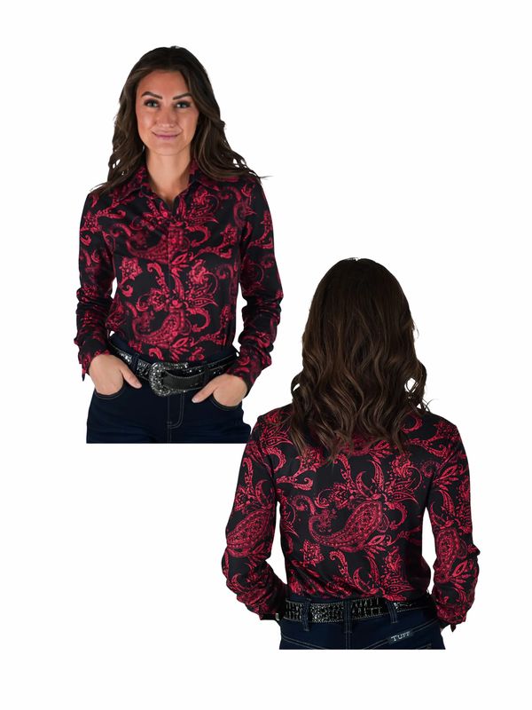 Pullover Button Up Black Red Paisley Stretch Jersey