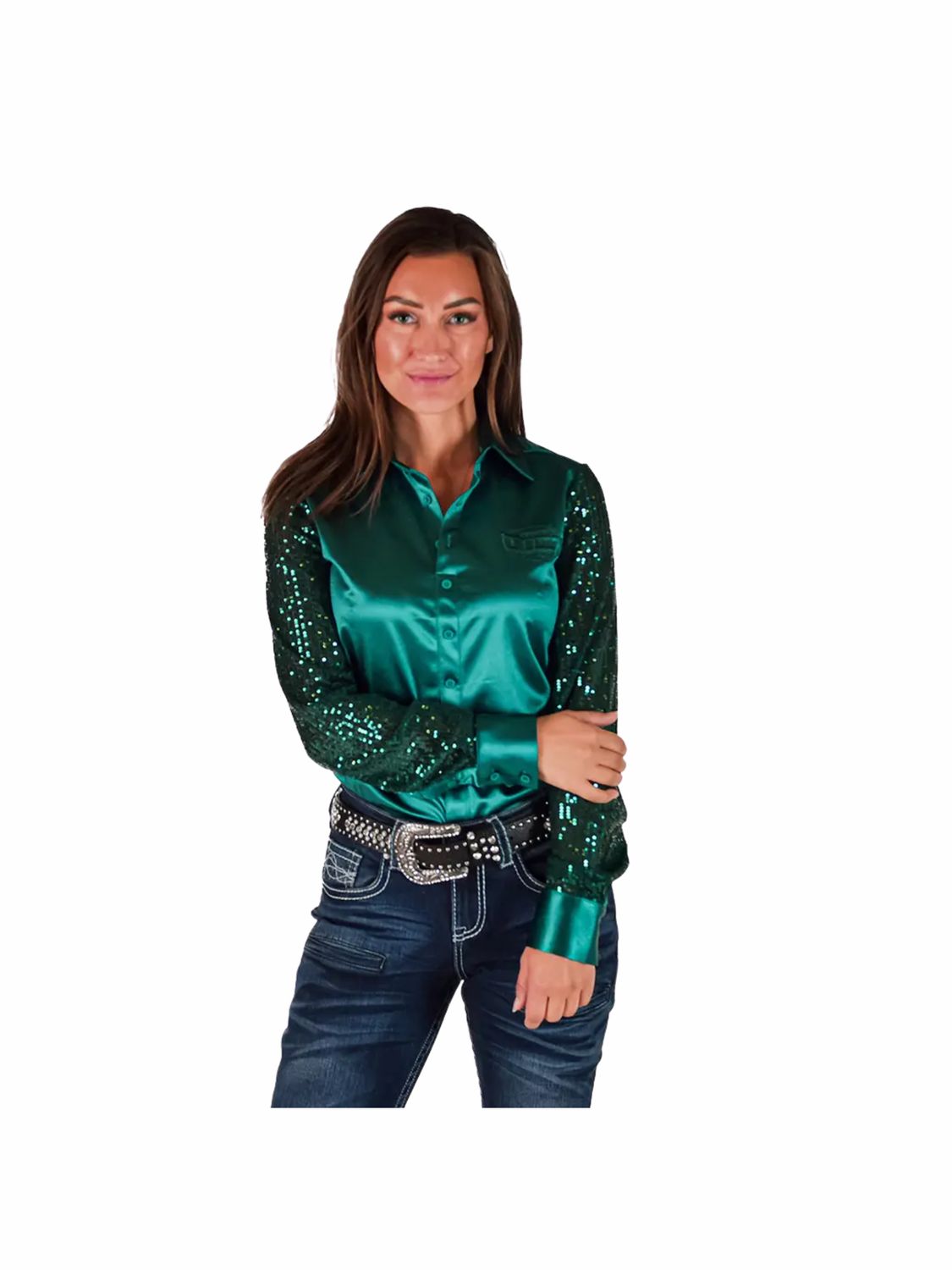 Turquoise Satin with Sequin Sheer Sleeves Pullover Button Turquoise Satin with Sequin Sheer Sleeves Pullover Button, Size: XXS