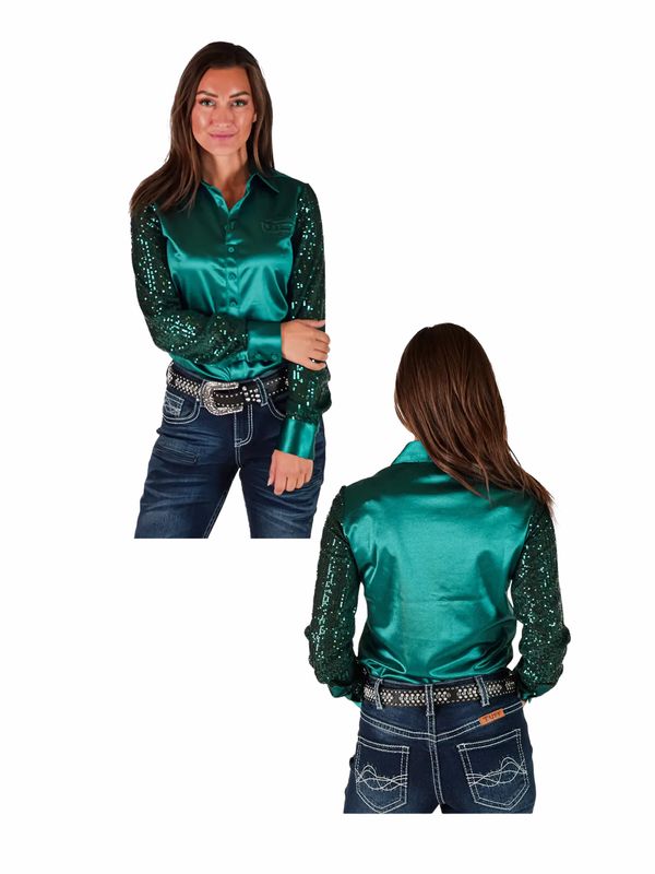 Turquoise Satin with Sequin Sheer Sleeves Pullover Button