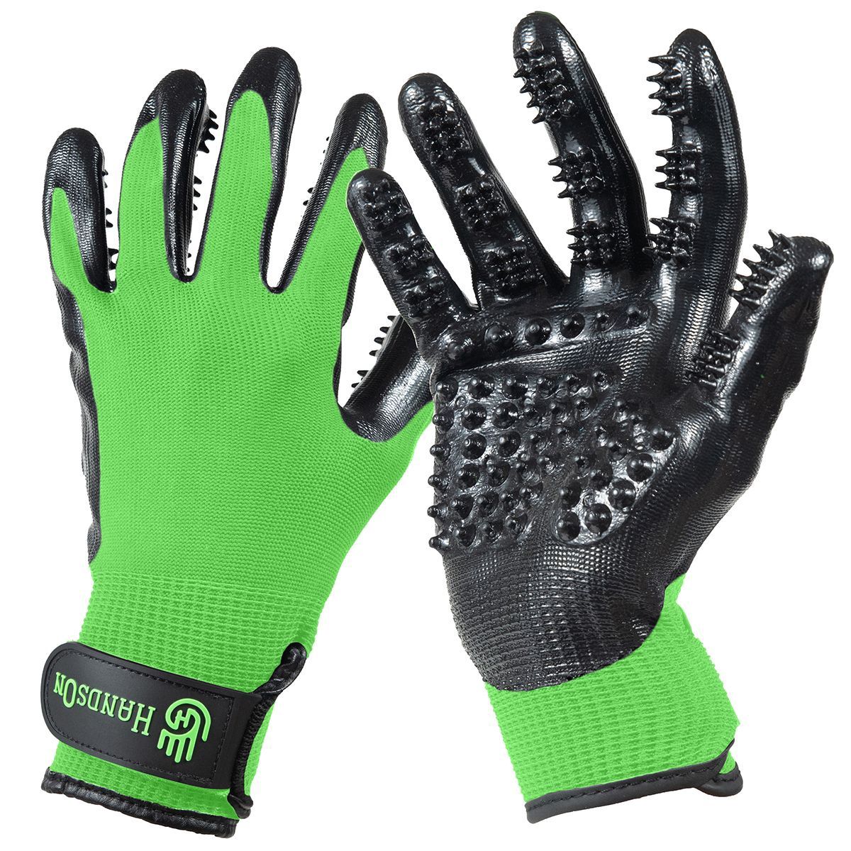 HandsOn Shedding, Bathing and Grooming Gloves, Color: Green/Black, Size: Junior
