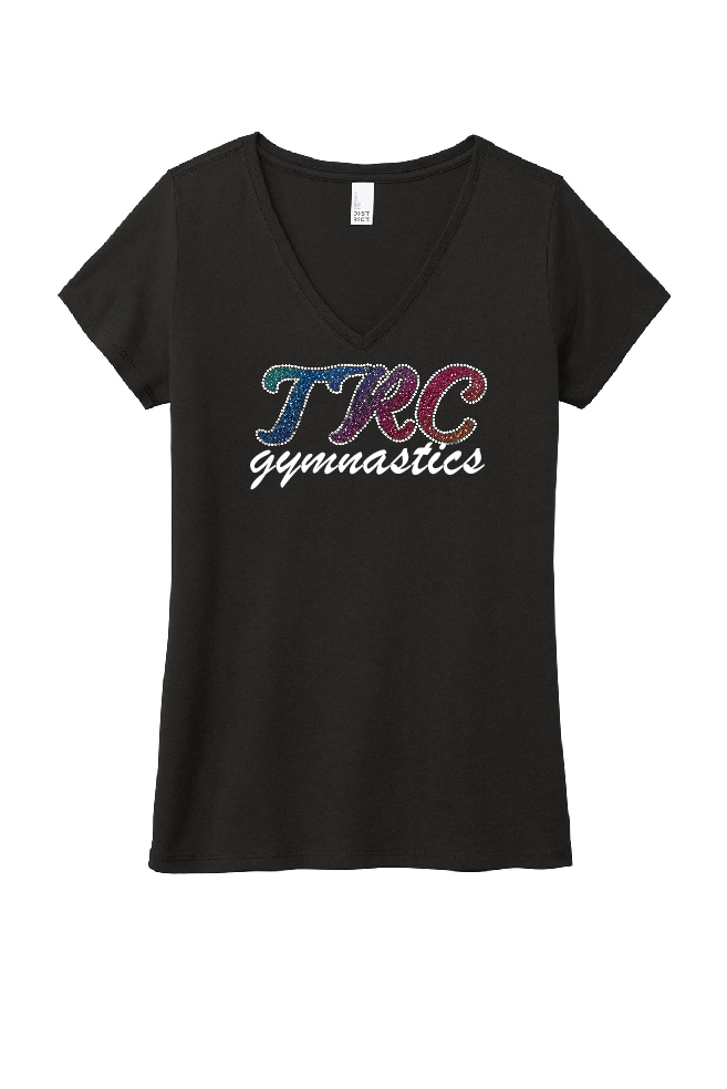 LADIES CRYSTAL AND GLITTER TRC V NECK BLACK TEE
