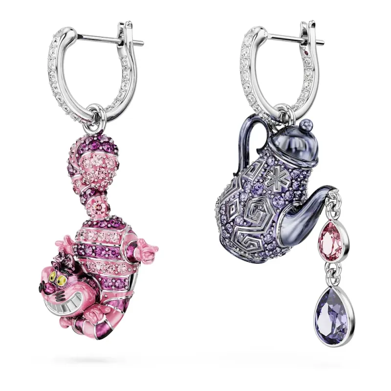 Pendientes Alice in Wonderland, Diseño asimétrico, Gato y tetera, Multicolores, Recubrimiento en rodio