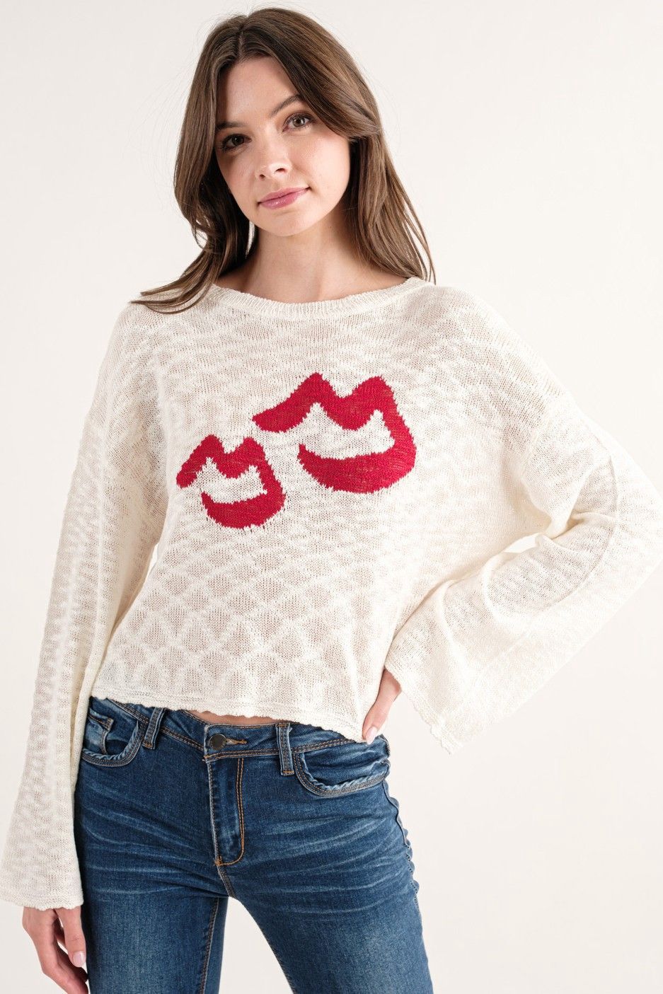 Spring Sweater Top, Colour: White/Red, Size: Small