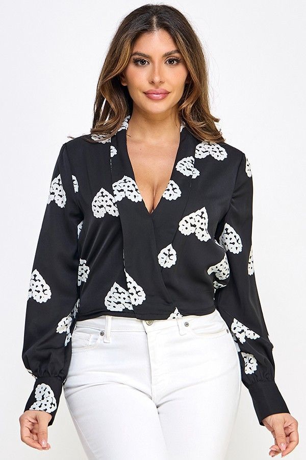 Long Sleeve Surplice Top, Colour: Black/Ivory, Size: Small