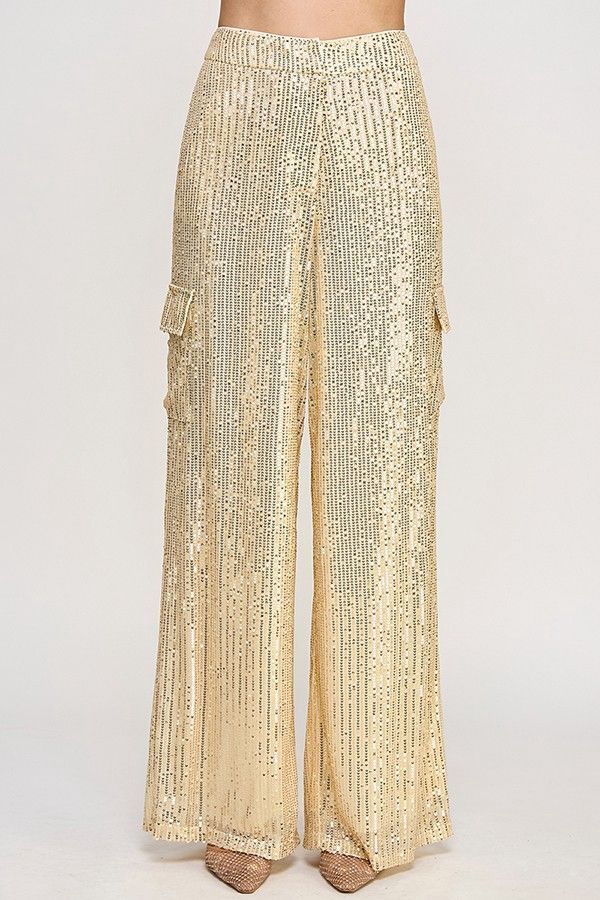 Sequin Pocket Wide Pants, Colour: Gold, Size: Small