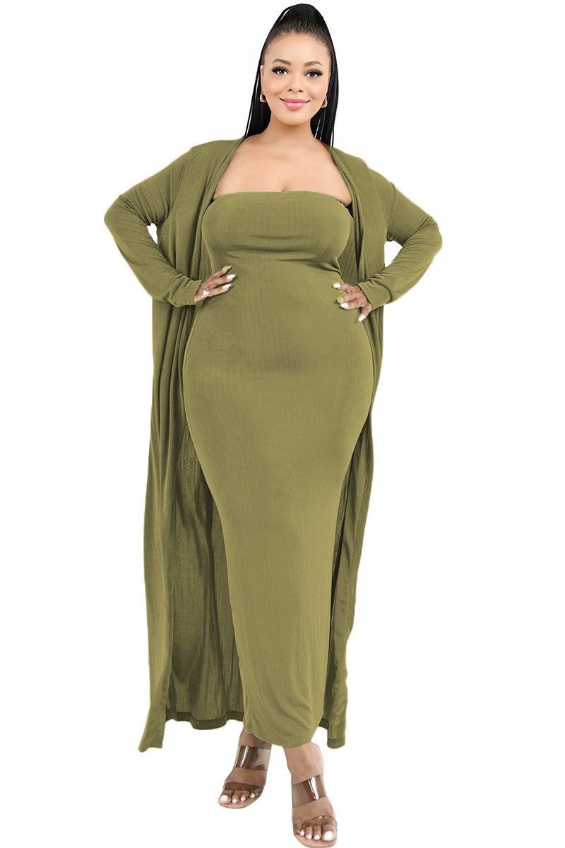 Slinky Rib 2 Peice Cardigan Set, Colour: Olive, Size: 1X