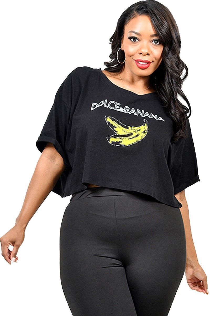 Plus Banana Printed Boxy Crop Top, Colour: Black, Size: 1X