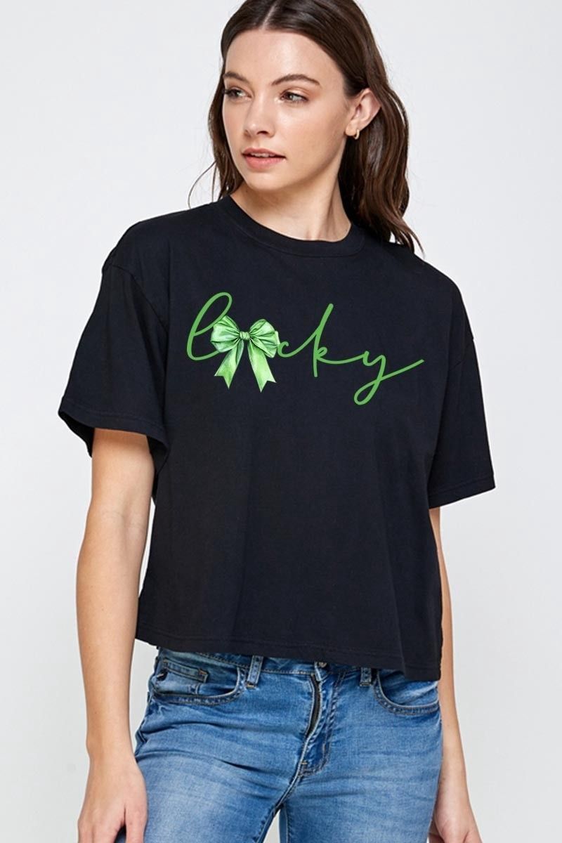 Lucky Bow Graphic Relaxed Crop Top, Size: Small, Colour: Black