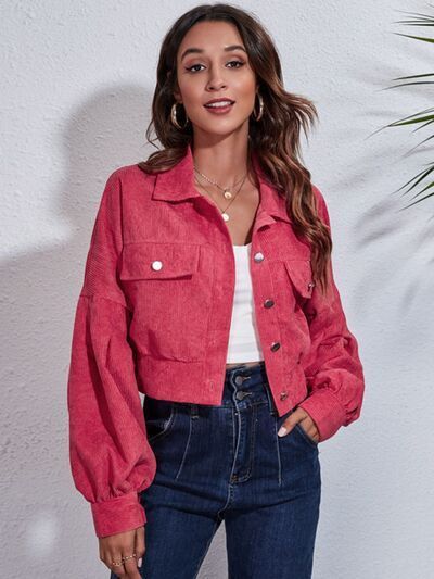 Button Down Cropped Jacket, Colour: Deep Rose, Size: Medium