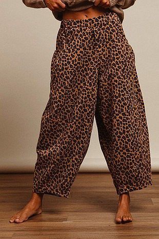 Washed Leopard Denim Mid Rise Barrel Pants