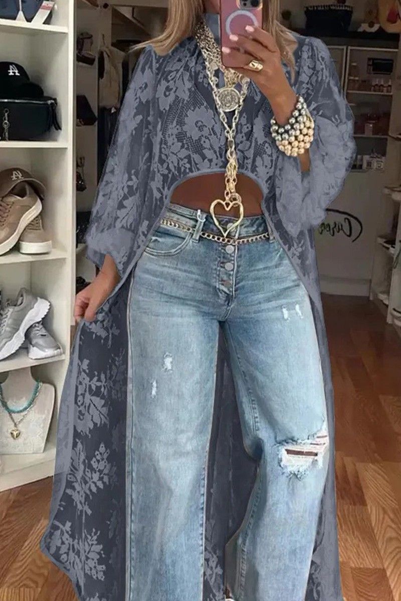 Lace Floral Irregular Long Sheer Top, Colour: Grey, Size: Small