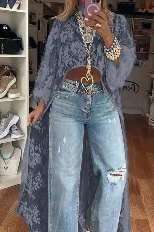 Lace Floral Irregular Long Sheer Top