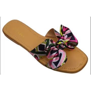 Women&#39;s Satin Printed Flat Summer Sandal Fuchsia, Colour: Fuchsia, Size: 5.5