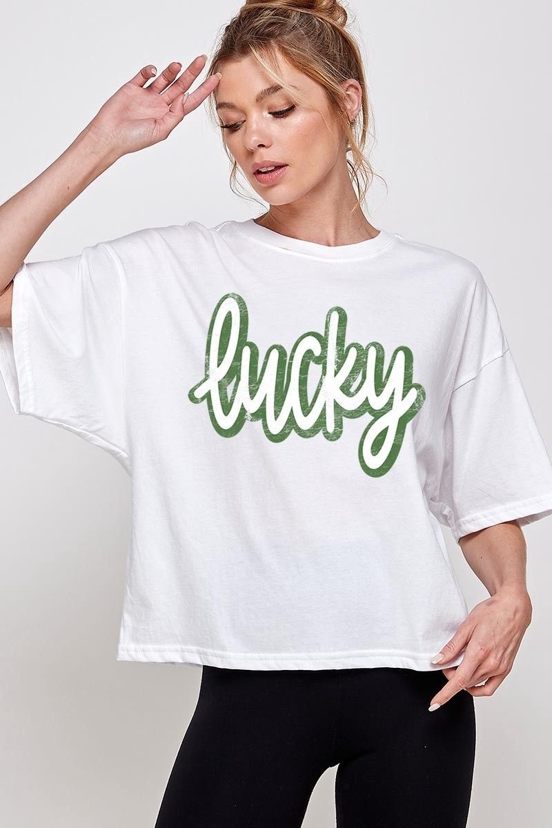 Distressed Lucky Relaxed Crop Top, Colour: White, Size: Small