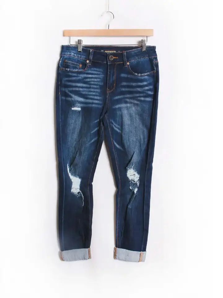 High Waist Roll Cuffs Crop Jeans, Colour: Dark Blue, Size: 1