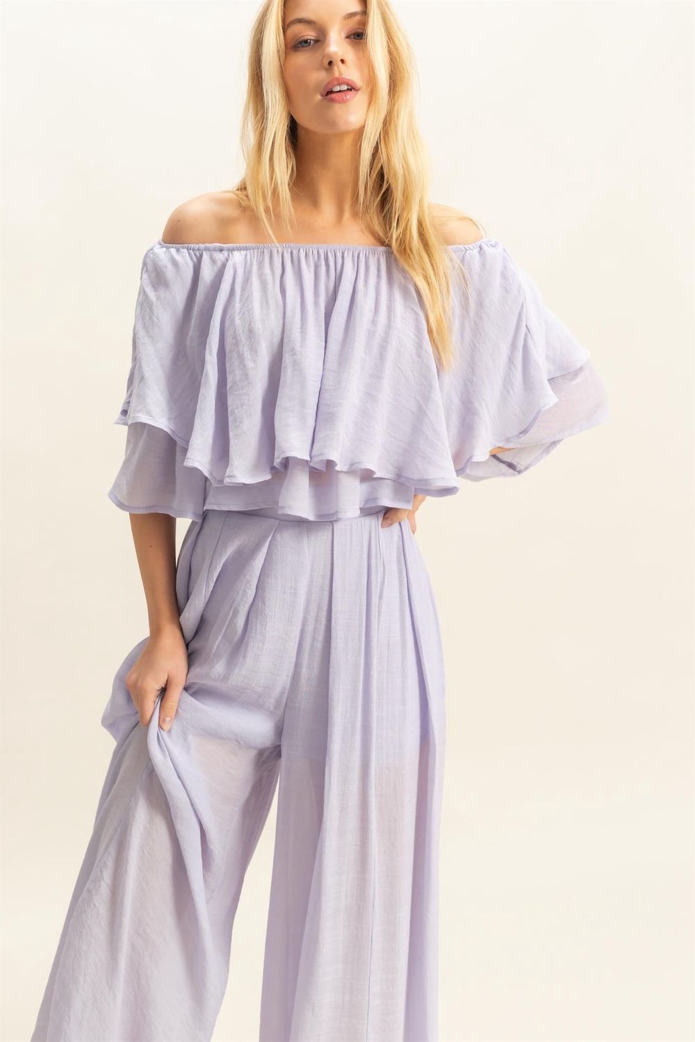 Off-the-shoulder Blouse And Pants Set, Colour: Lavender, Size: Small