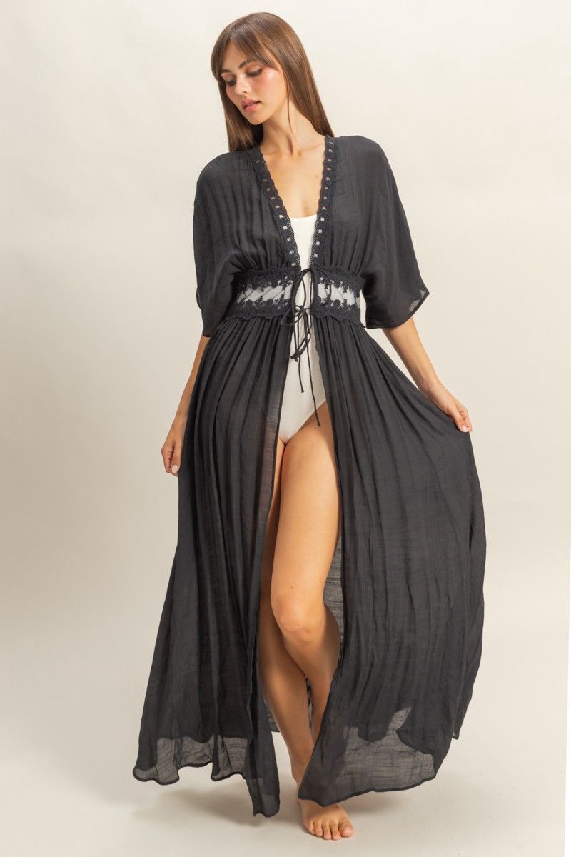 Tie-Front Lace Long Duster, Colour: Black, Size: Small