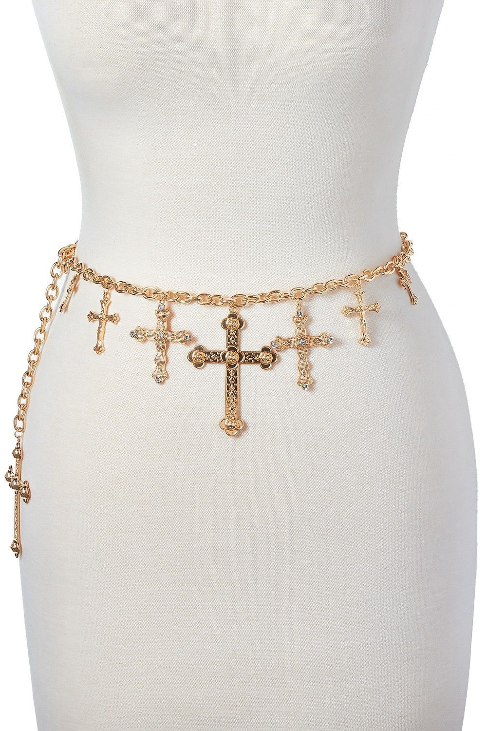 Cross Chain Belt With Rhinestone Accents Gold