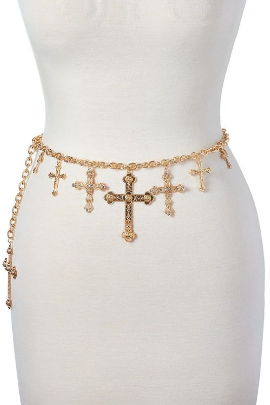 Cross Chain Belt With Rhinestone Accents Gold