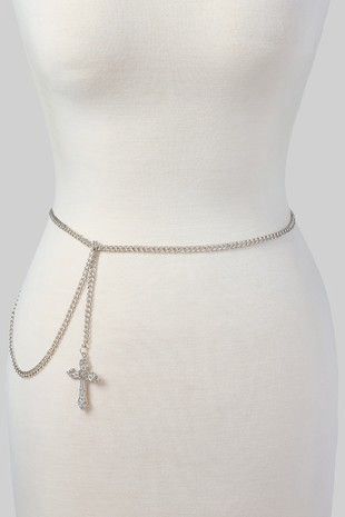Chain Belt With Dangling Cross Silver