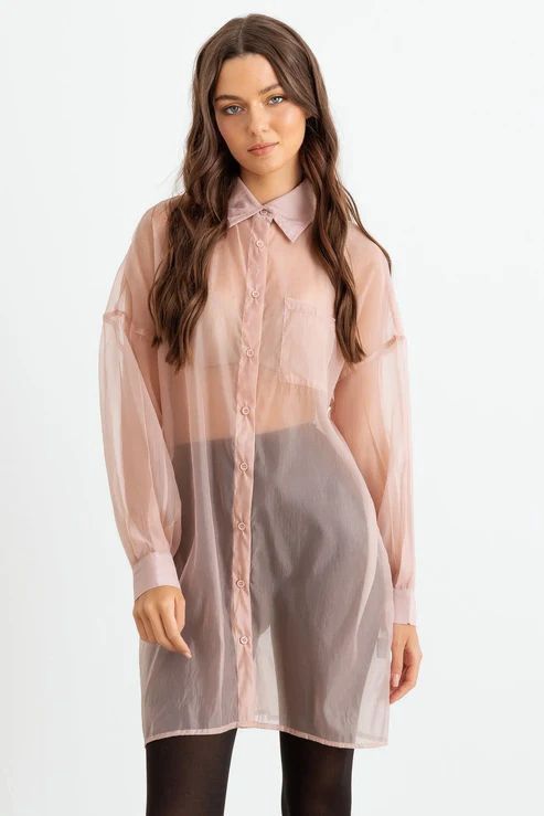 Sheer Mesh Button-Up Long Sleeve Shirt, Colour: Dusty Pink, Size: S/M