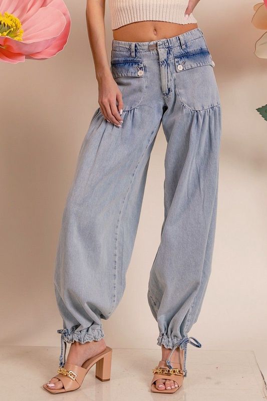 Washed Denim Wide Leg Pants
