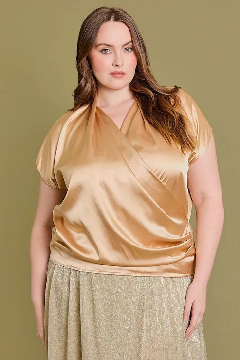 Short Sleeve Wrap Top, Colour: Gold, Size: 1X