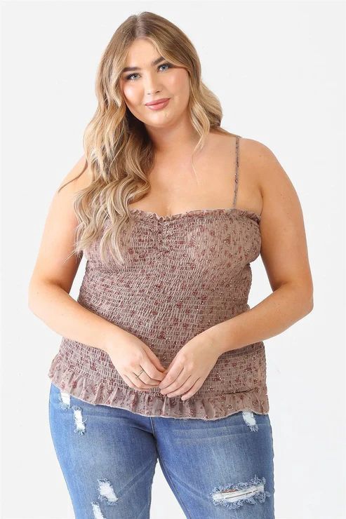 Plus Size Mocha Floral Ruched Sleeveless Top, Colour: Mocha, Size: 1X