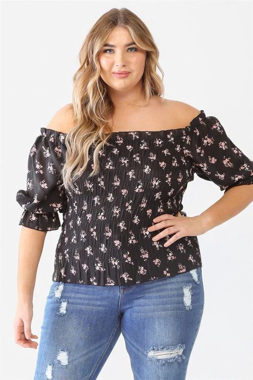 Floral Ruched Off-The-Shoulder Puff Sleeve Top, Colour: Black, Size: 1X