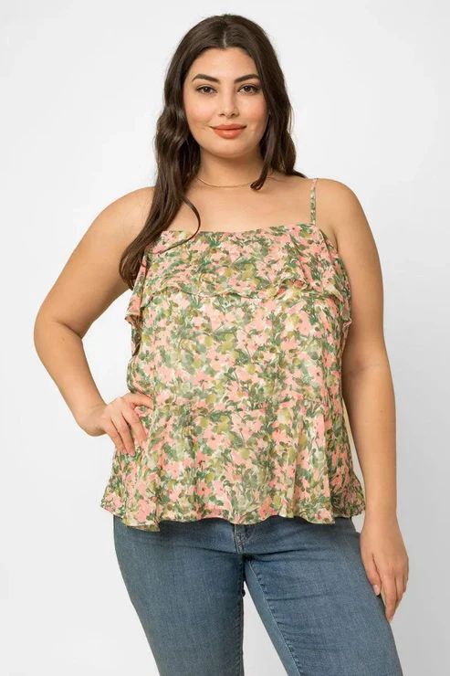 Plus Size Square Neck Ruffle Floral Print Top, Colour: Green Blush Floral, Size: 1X