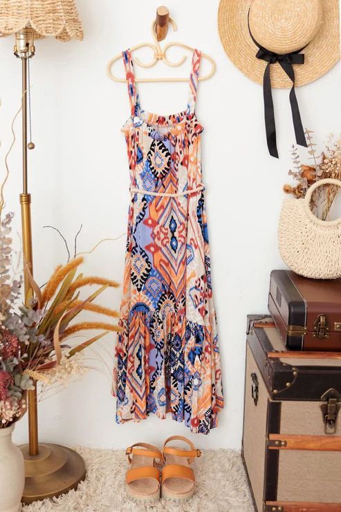 Girls Belted Asymmetric Tribal Print Sleeveless Dress