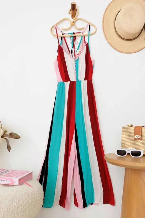 Stripe Back Tie Pom Pom Sleeveless Jumpsuit