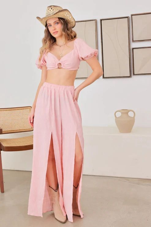 Short Puff Sleeve Crop Top Bra &amp; Front Slit Flowy Pants Set, Colour: Mauve, Size: Small