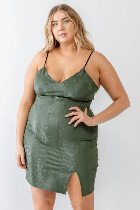 Olive Snake Vegan Leather Strappy Mini Dress, Colour: Olive, Size: 1X