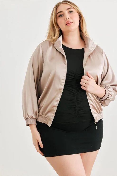 Satin Zip-Up Mock Neck Bomber Jacket, Colour: Champagne, Size: 1X