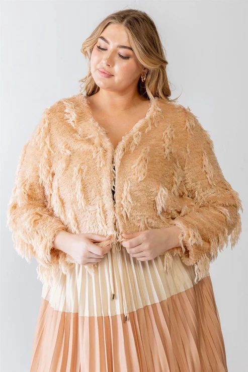 Luxe Shaggy Feathered Fringe Crop Jacket, Colour: Taupe, Size: 1X