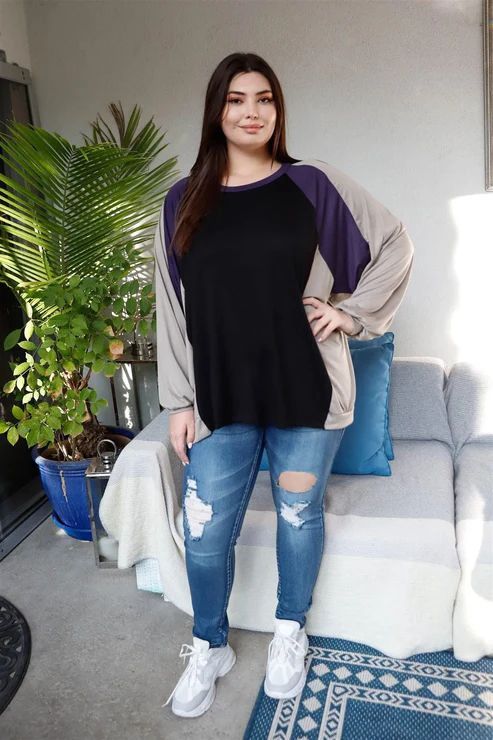 Dolman Sleeve Oversized Top, Colour: Black Lilac, Size: 1X
