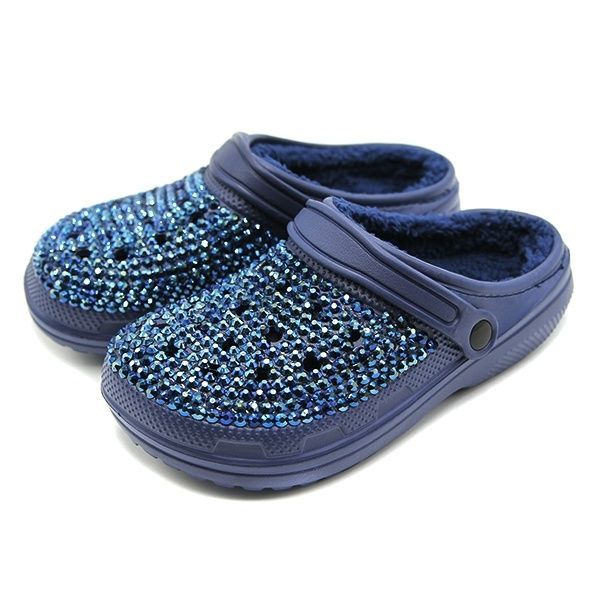 Fur Lining Bling Rhinestone Clogs, Colour: Navy, Size: Medium