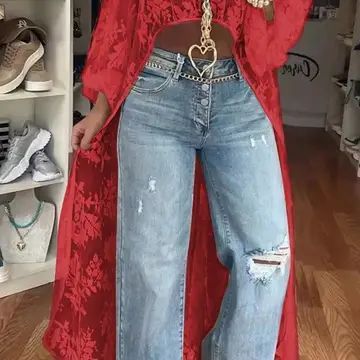 Sheer Embroidered Duster Top, Colour: Red, Size: Small