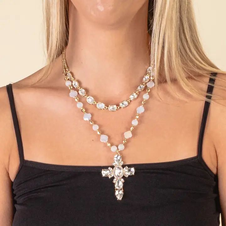 Double Layered Cross Necklace, Colour: Clear