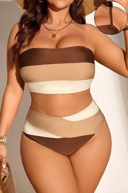 Plus Wide Stripe Tankini Set, Colour: Brown, Size: 1XL