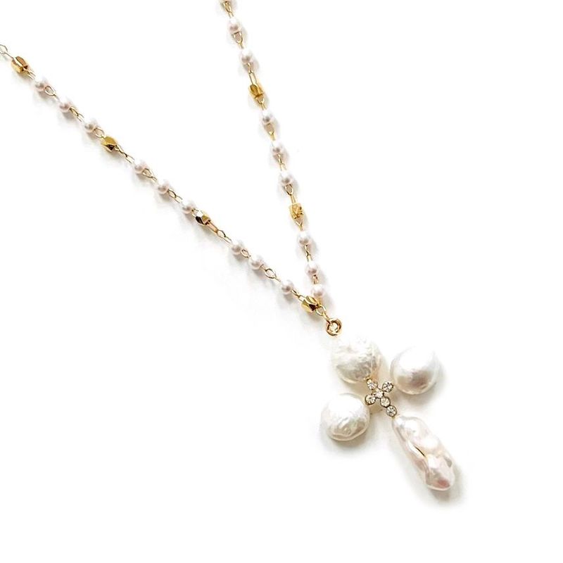 Pearl Cross Real Pearl Pendant Beaded Necklace