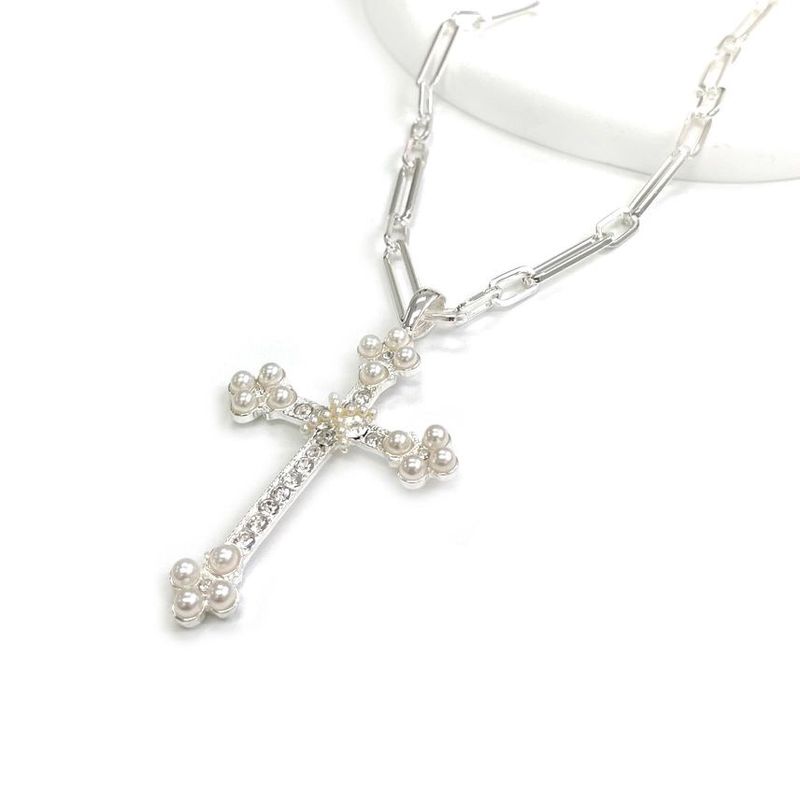 Large Cross Pearl and Stone Pendant Paperclip Necklace