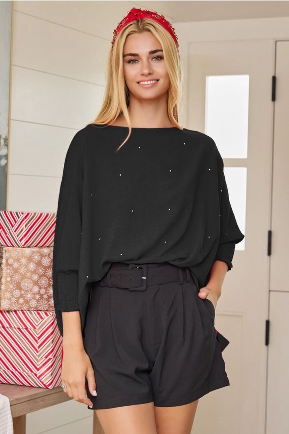Rhinestone Airflow Batwing Top, Colour: Black, Size: Small